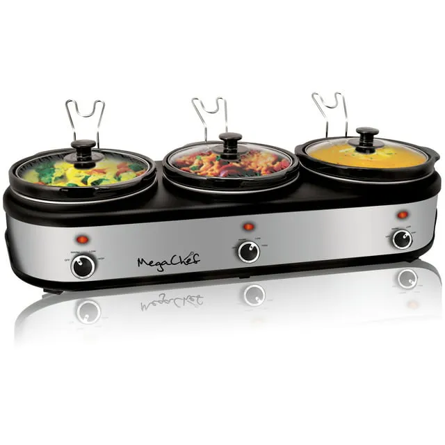 MegaChef Triple 2.5 Quart Slow Cooker and Buffet Server in Brushed