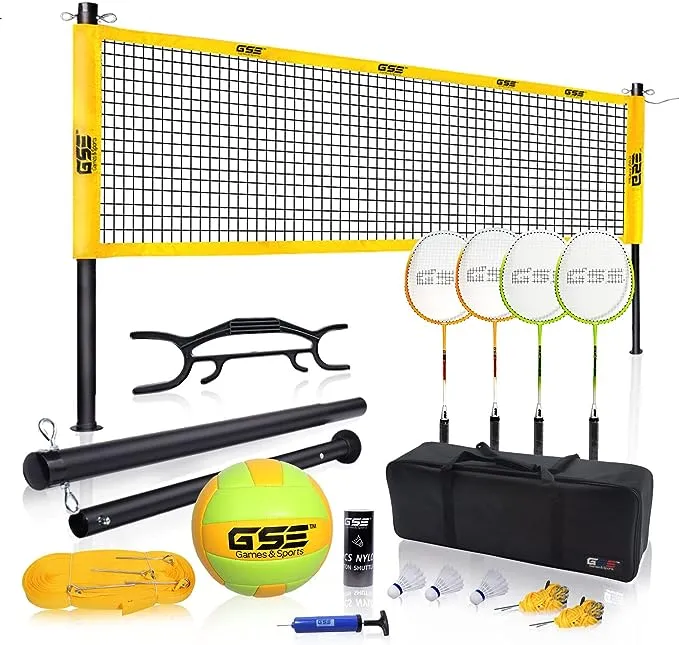 GSE Games & Sports Expert Professional Portable Badminton Volleyball Combo Set Including Volleyball/Badminton Net, Yellow