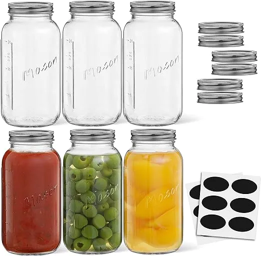 16 Oz Mason Jars With Lids, Labels and Measures! 6-Pack Regular Mouth Mason Jars, Glass Jar with Lid and Band. Airtight Canning Jars, Overnight Oats Jars, Salad Jars, Sourdough Starter Jar