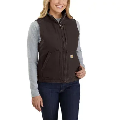 Carhartt Women's Washed Duck Sherpa-Lined Mock Neck Vest - Small - Dark Brown