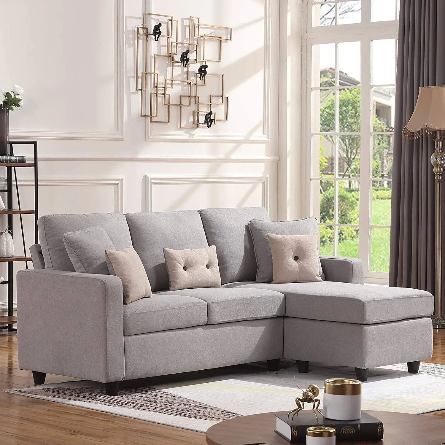 Honbay Convertible Sectional Sofa Couch L-Shaped Couch with Modern Linen Fabric for Small Space Dark Beige