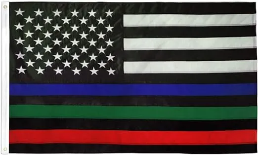 Thin Blue Green Red Line USA Flag 3x5 ft - Outdoor Heavy Duty Nylon Flag for High Winds, Support the Police Law Enforcement Firefighters Flag - Black White American Flag - House Room Roof Garden Flag