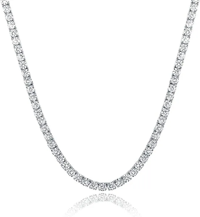 Tennis Necklace 18K White Gold Plated | 4.0mm Round Cubic Zirconia Cut Faux Diamond Tennis Chain for Women and Men