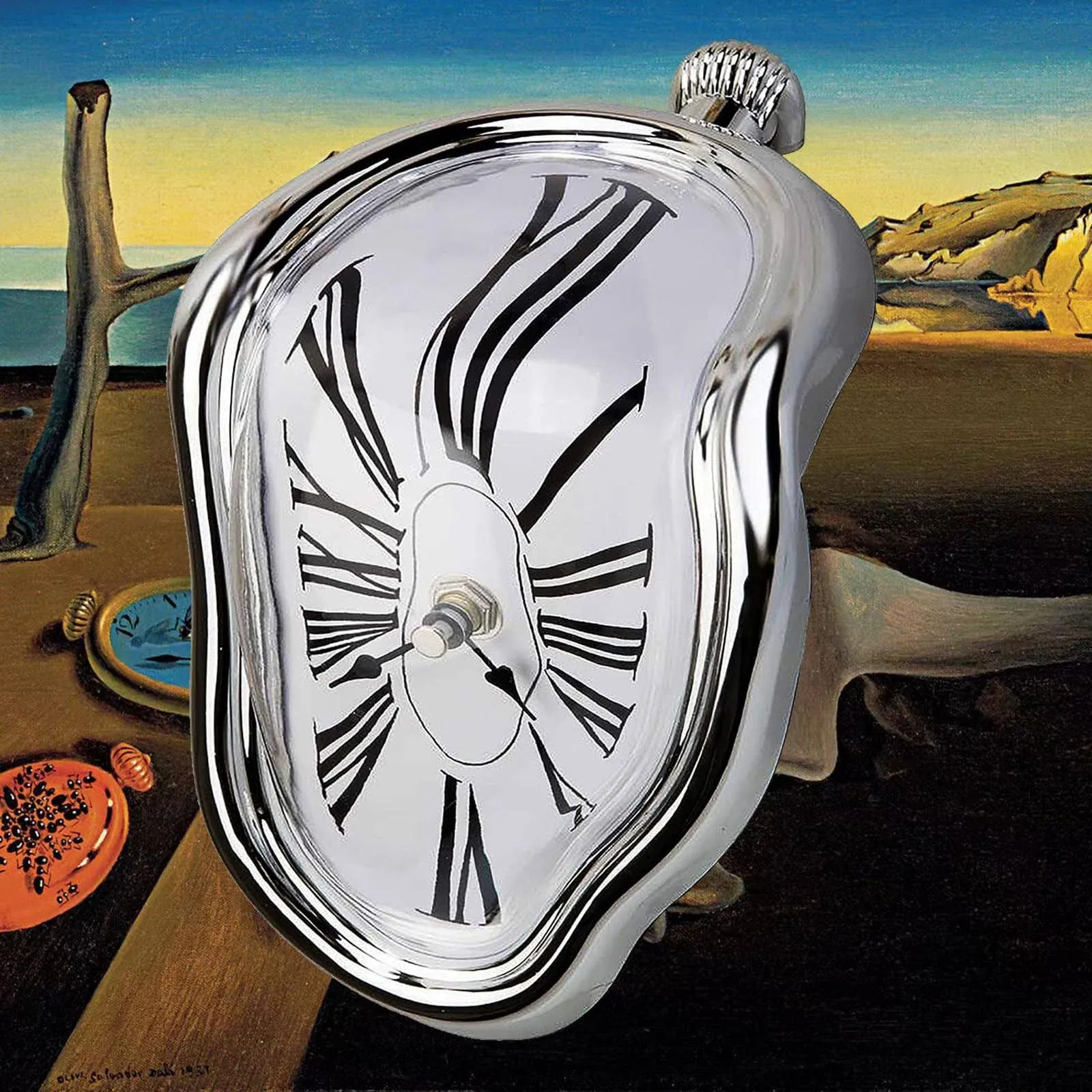 FAREVER Melting Clock, Salvador Dali Watch Melted Clock for Decorative Home Office Shelf Desk Table Funny Creative Gift, Silver