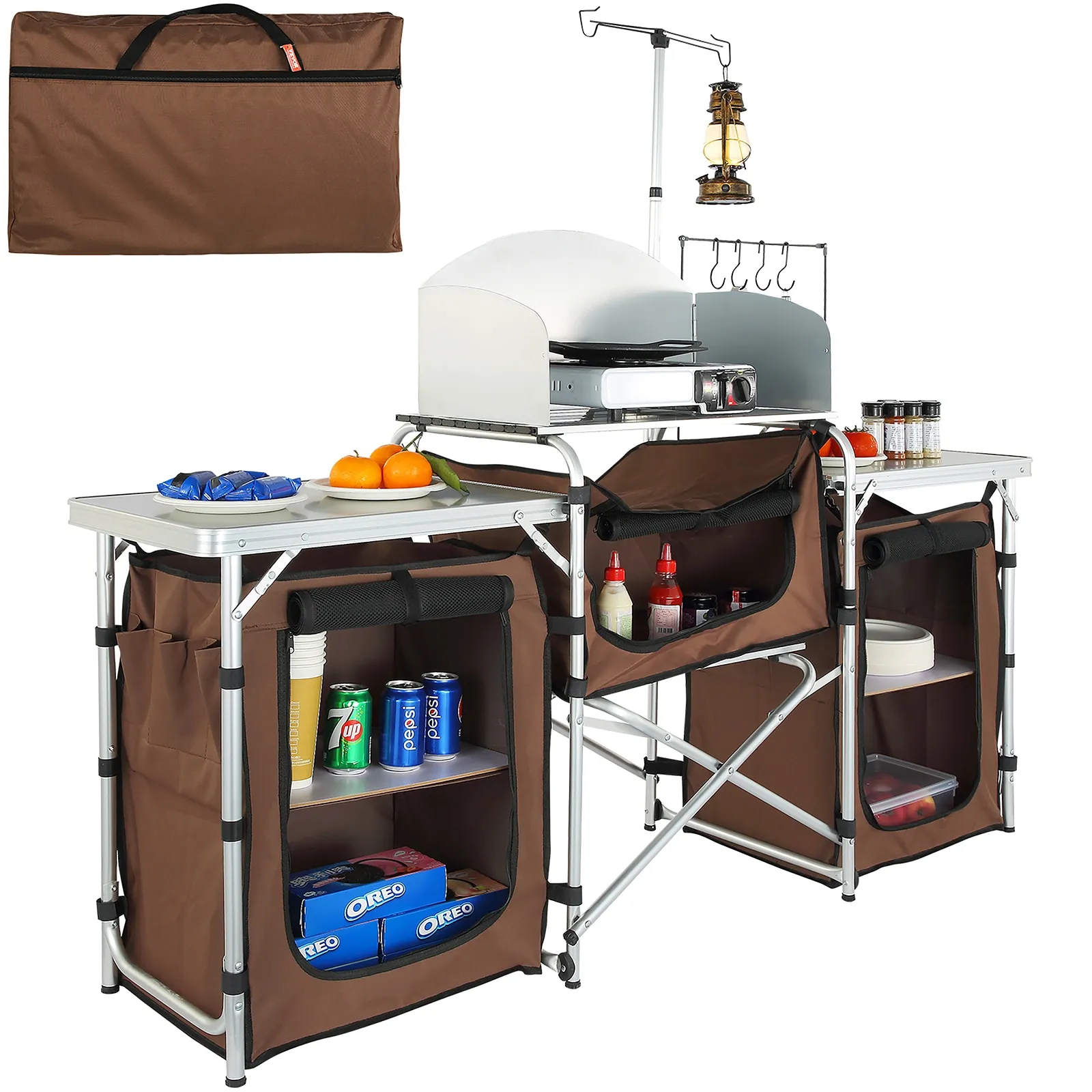 VEVOR Camping Kitchen, Folding Outdoor Table with Storage Carrying Bag, Aluminum Cook Station 3 Cupboard & Detachable Windscreen Quick Set-up for Picnics, BBQ, RV Traveling, 3 Cupboard, Brown