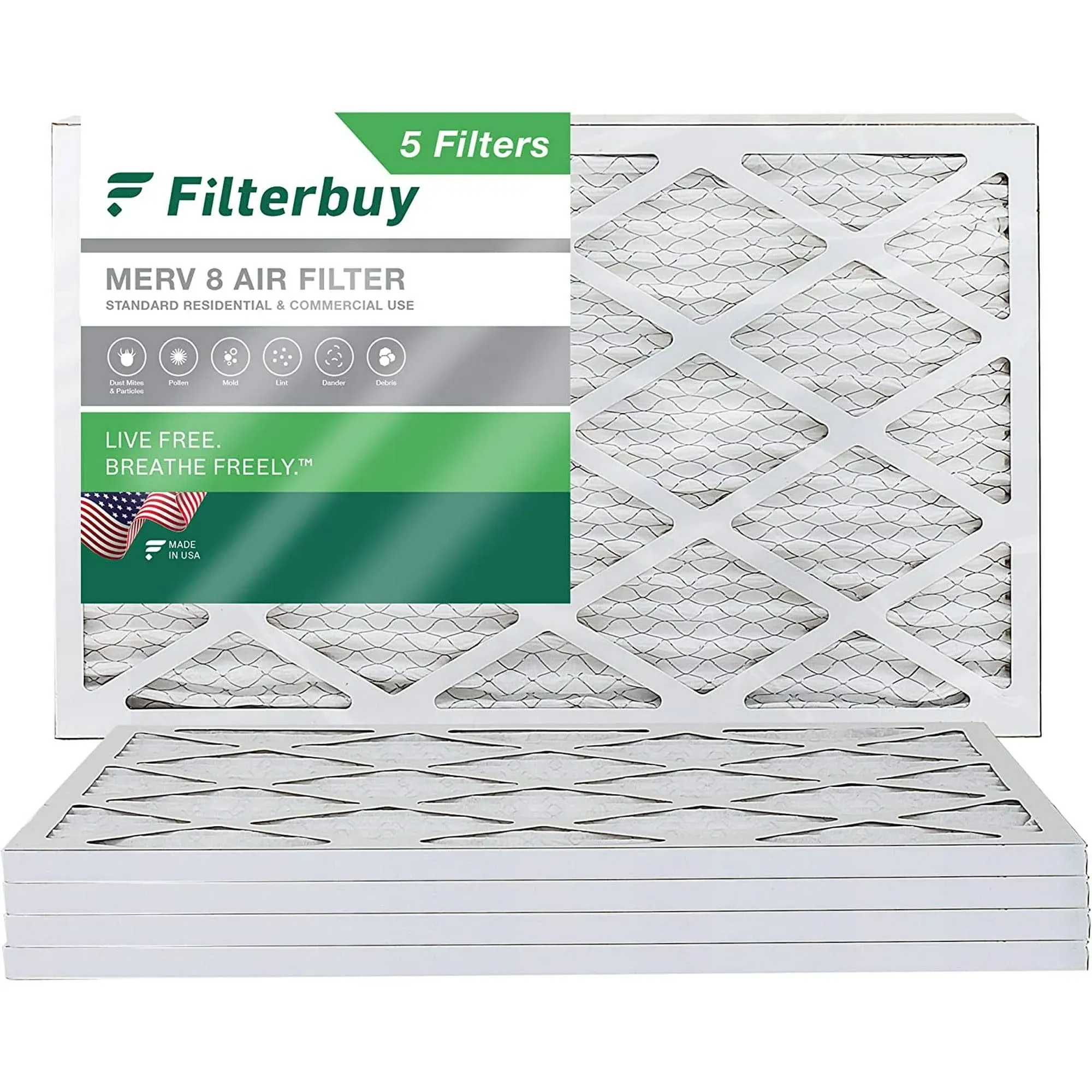 Filterbuy 24x25x5 Air Filter MERV 8 Dust Defense (2-Pack), Pleated HVAC AC Furnace Air Filters Replacement for Carrier FILXXCAR0024 (Actual Size: 23.75 x 24.75 x 4.38 Inches)