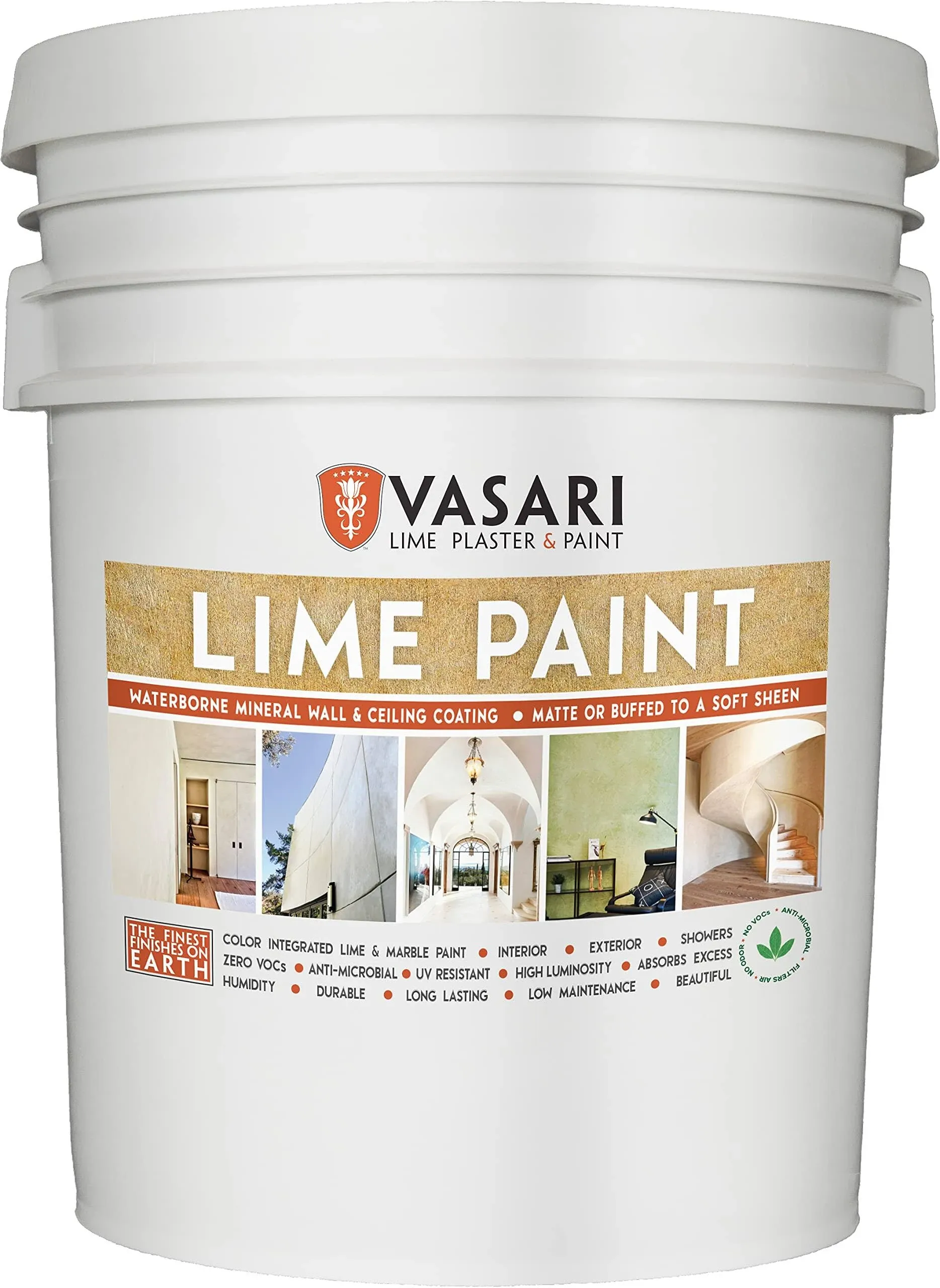 Vasari Lime Plaster & Paint | Lime Paint | Interior or Exterior | Made from Natural Lime and Powdered Marble | color: Natural White #1 (Untinted) | size: 5 Gallon