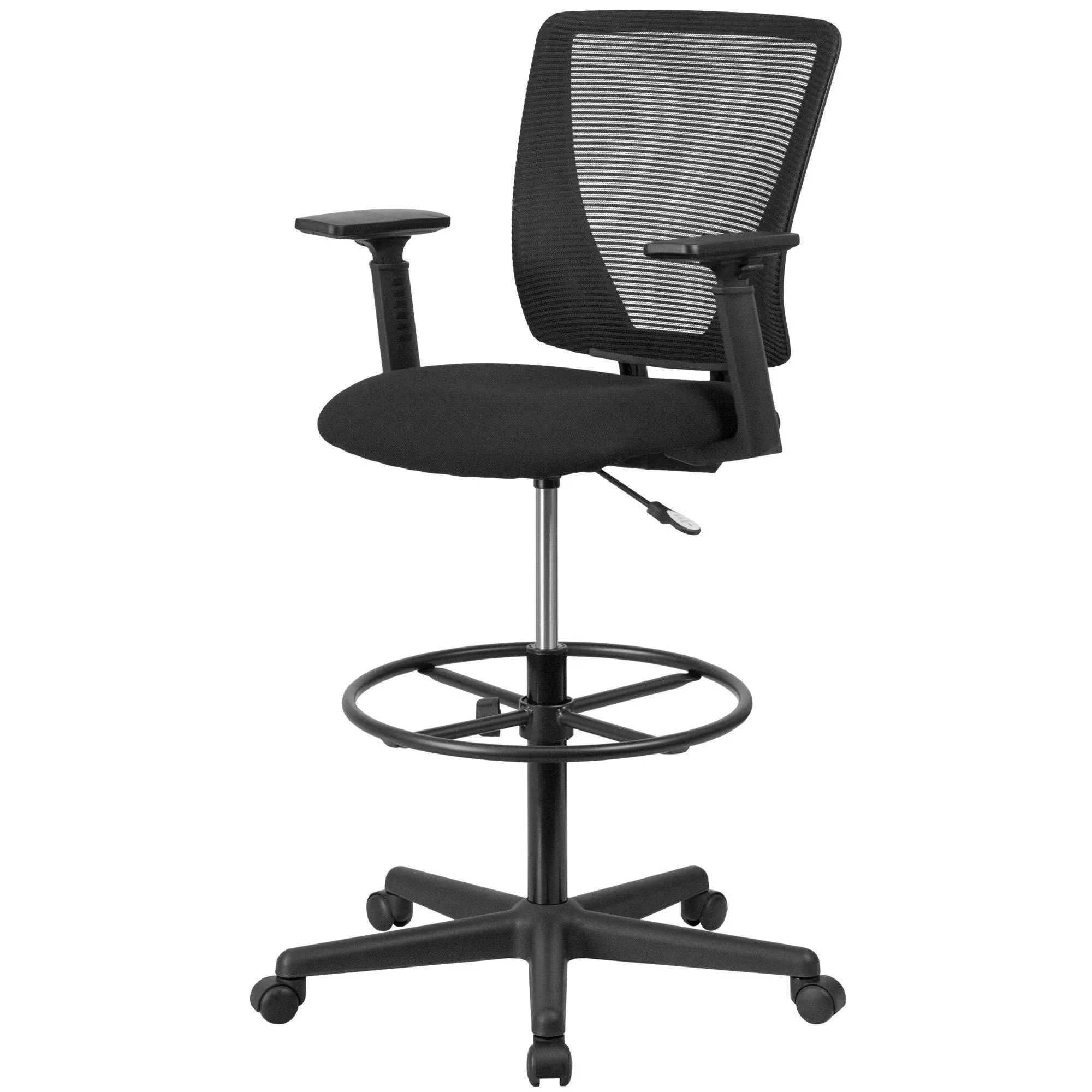 Flash Furniture Ergonomic Mid-Back Mesh Drafting Chair with Fabric Seat, Adjustable Foot Ring and Arms - Black