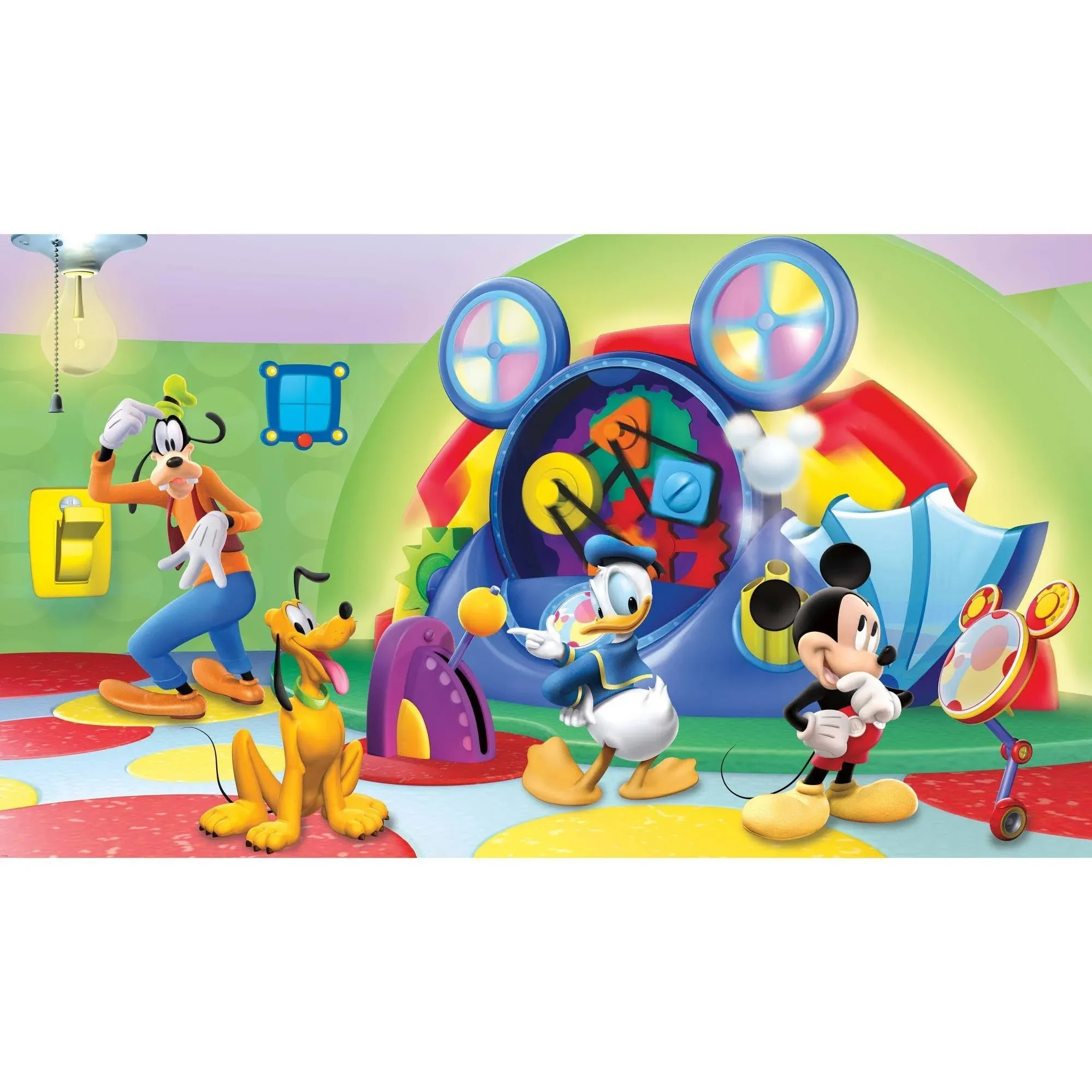 RoomMates JL1317M Mickey & Friends-Clubhouse Capers Chair Rail Prepasted Mural 6' X 10.5' -Ultra-Strippable Water Activated Removable Wall Mural-10.5 6 ft, Toy, Green