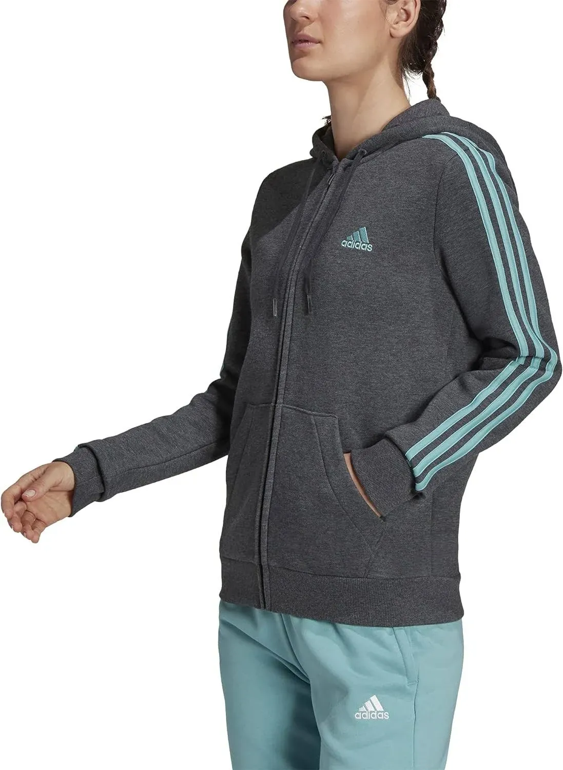 Adidas Essentials Fleece Full-Zip Hoodie Women&#039;s M - Aqua Blue Strips Dark Grey