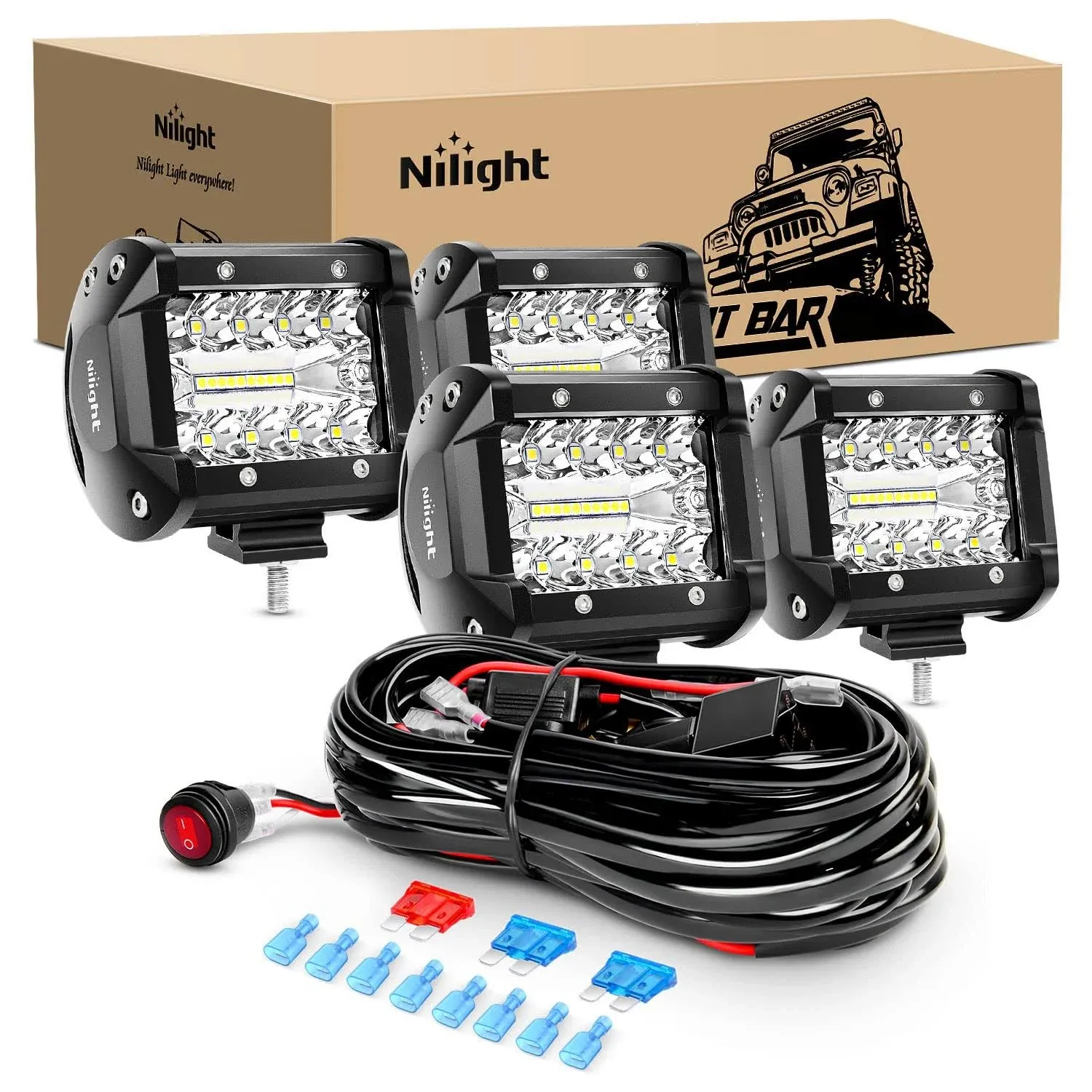 Nilight ZH416 4inch 60W Triple Row Flood Spot Combo 6000LM LED Pods Light Bar