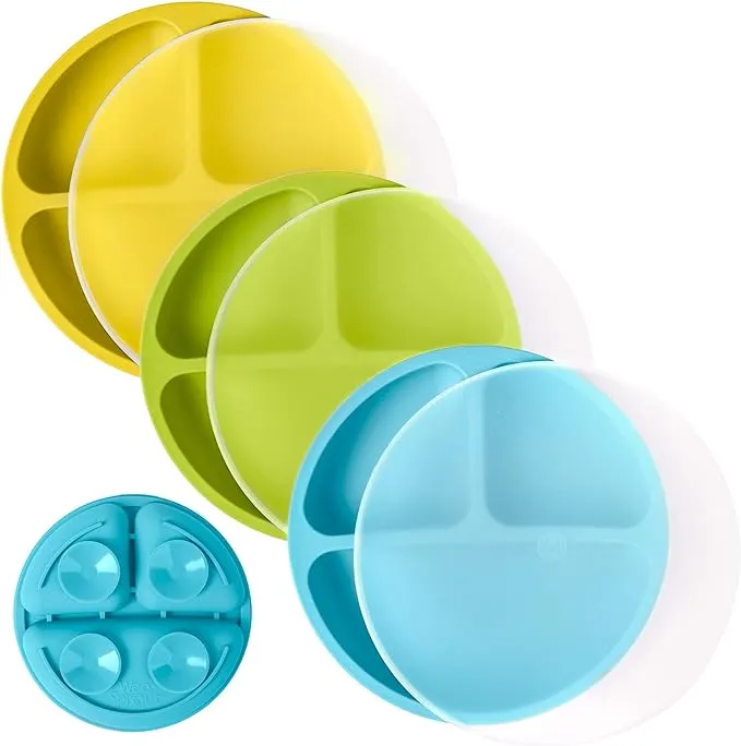 WeeSprout Suction Plates for Babies & Toddlers 100% Silicone Divided Design - with Lids, 3 Pack