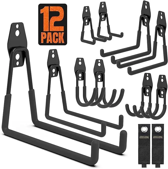 SMARTOLOGY Garage Hooks, 12 Pack Wall Mount Storage Holders with 2 Extension Cord Storage Straps, Heavy Duty for Utility Organizer, Garden Lawn Tools, Ladders Hanger, Bike