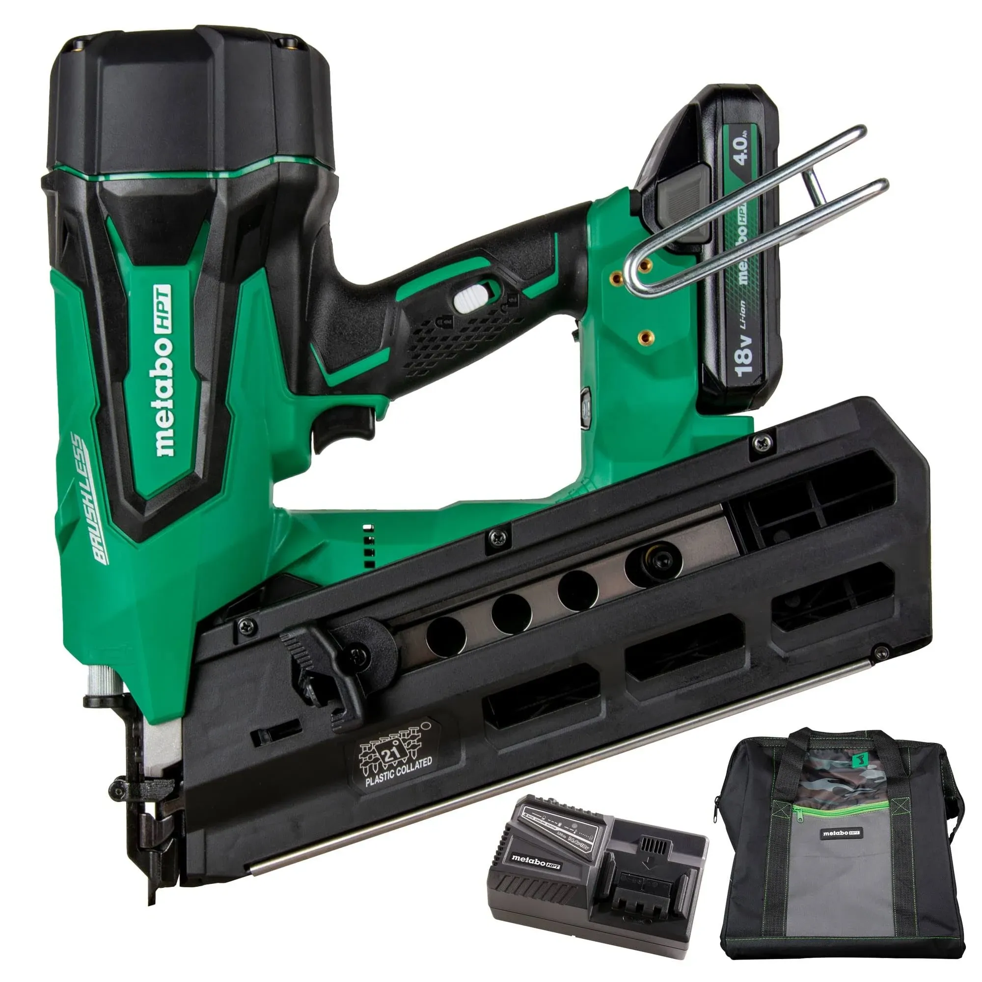 Metabo HPT NR1890DRSM Strip Framing Nailer, Battery Included, 18 V, 3 Ah, 47 Magazine, 21 deg Collation, Nail Fastener