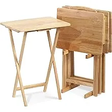 PJ Wood Folding TV Tray Table & Snack Table with Storage Rack, Natural - 5 Piece Set