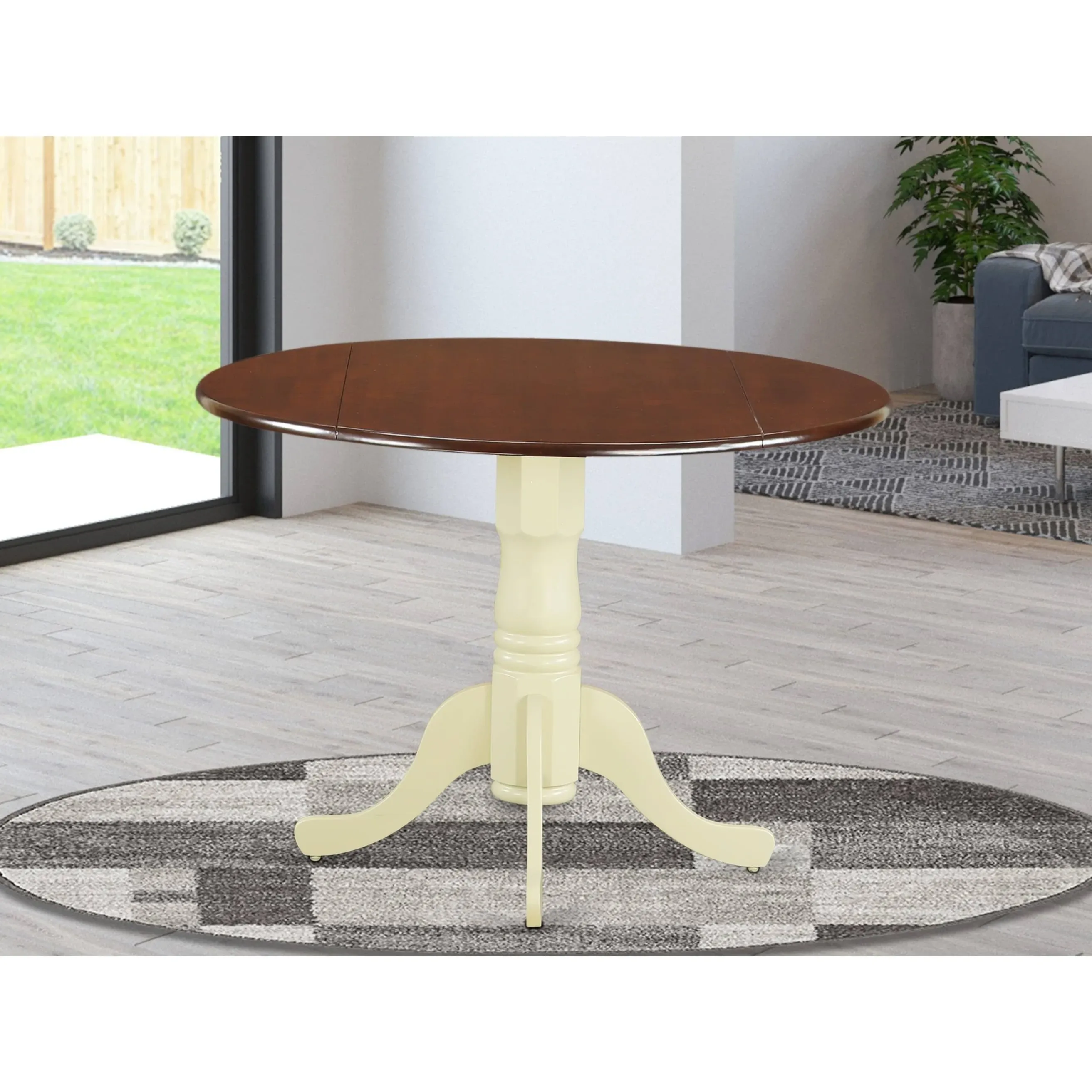 East West Furniture DLT-MMK-TP Dublin Modern Dining Table - a Round Kitchen Table Top with Dropleaf & Pedestal Base, 42x42 Inch, Mahogany & Buttermilk