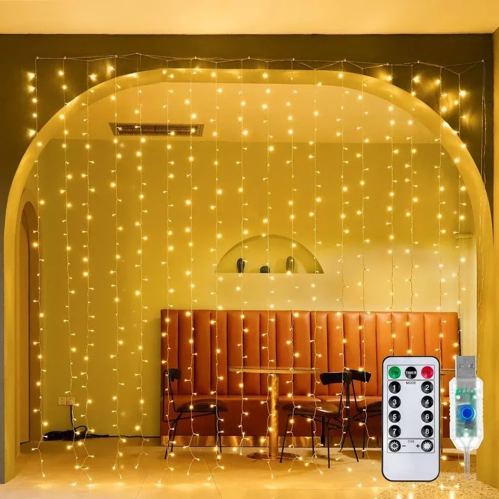 Curtain Lights Warm White 300 LED 9.8ftx9.8ft, 8 Lighting Modes Waterproof