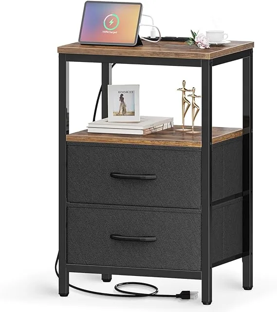 Huuger Nightstand with Charging Station, Side Table with Fabric Drawers, Rustic Brown