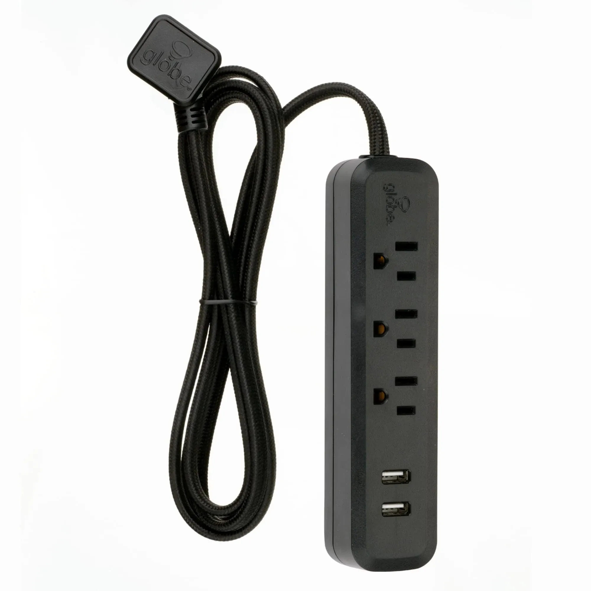 Globe Electric 78249 Designer Series 6ft 3-Outlet USB Surge Protector Power Strip, 2x USB Ports, Surge Protector, Black Finish