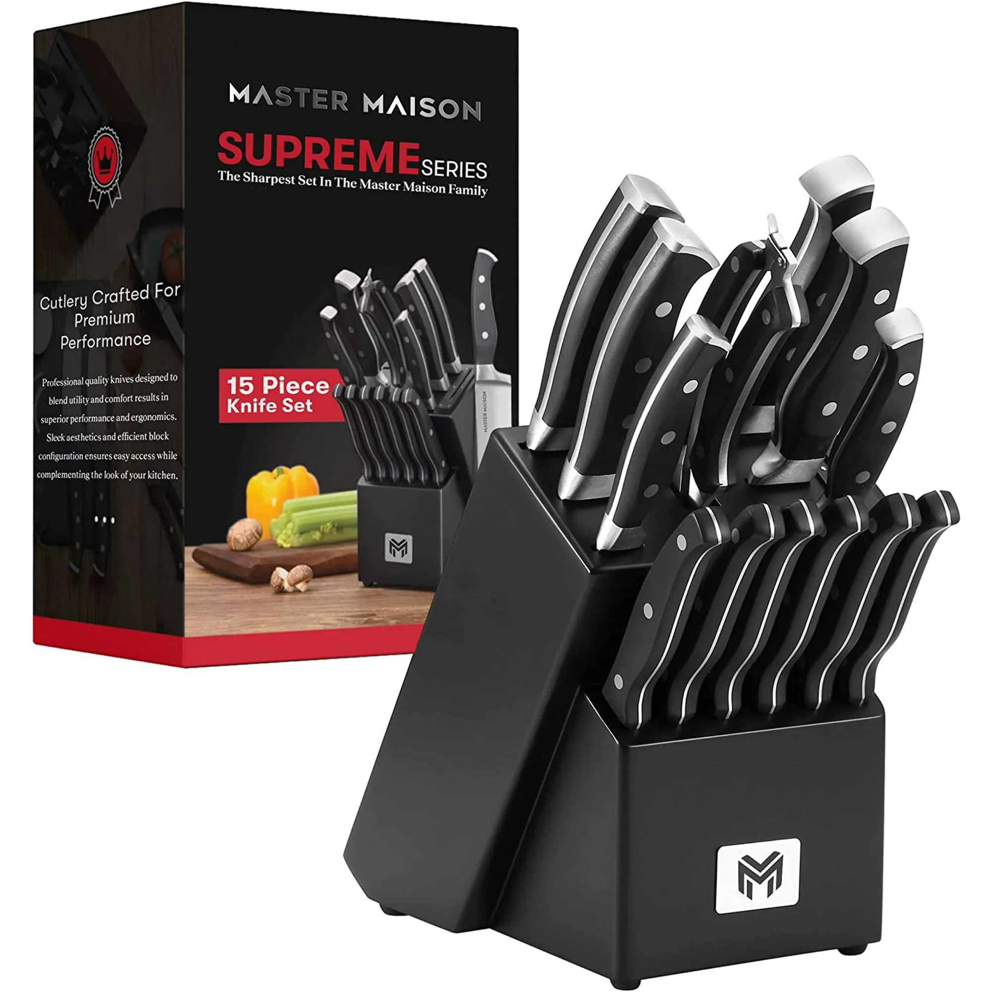 19-Piece Kitchen Knife Set With Wooden Block - Best German Forged Stainless Steel Knife Sets for Kitchen with Block, Professional Use, Paring, Chef, Carving & 8 Steak Knives - Knife Sharpener & Shears