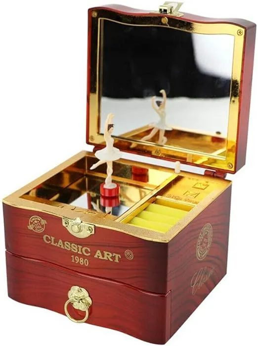 Musical Jewellery Box with Classic Rotating Ballerina Dancer Music Box Necklace Ring Storage Organizer with Mirror for Women Girls Brithday