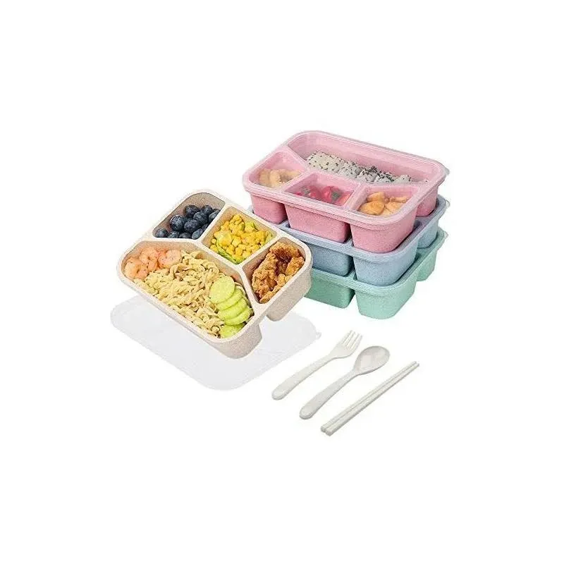 PUiKUS 4 Pack Bento Lunch Box, 3 Compartment Meal Prep Containers, Lunch Box Containers for Kids Adults, Plastic Reusable Food Storage Containers -