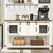 4ever2buy Farmhouse Coffee Bar Cabinet, 47’’ Kitchen Coffee Bar Table, White Coffee Buffet Cabinet with Sliding Barn Door, Entryway Table with Metal Mesh Doors, Bottom Open Shelf, Living Room