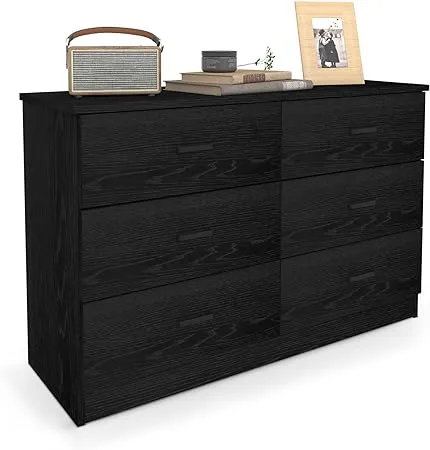 Bigbiglife Black Mid Century Modern Dresser, 6 Drawer Wood Dresser, Double Chest of Drawers for Bedroom