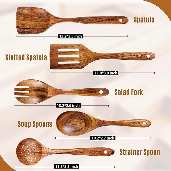 Mooues Wooden Spoons for Cooking, 7 Pcs Wooden Utensils for Cooking Natural Teak Wooden Kitchen Utensils Set