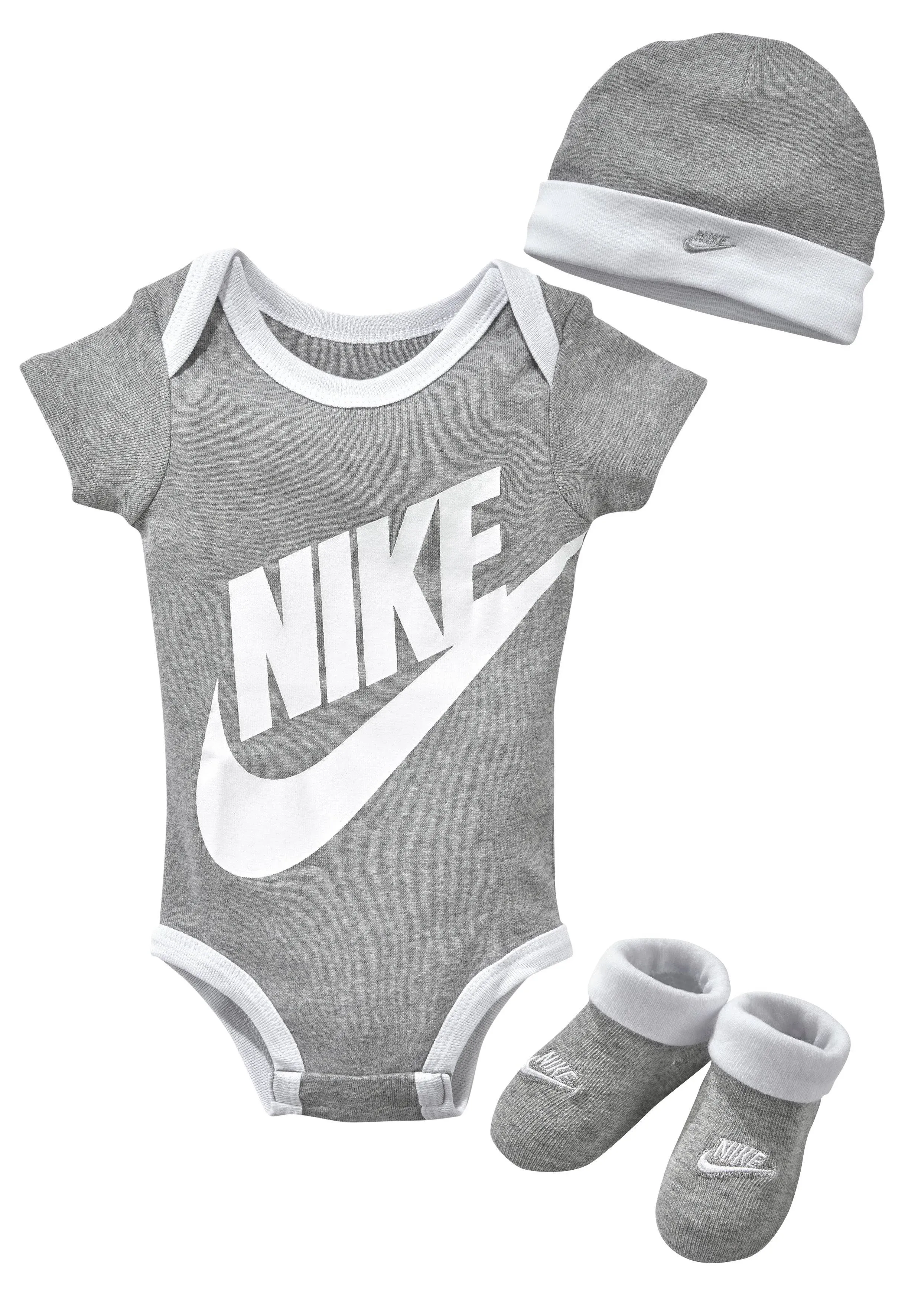 Nike 3 pc Infant Layette Set Bodysuit, Hat, Booties in Grey/White, 6-12 Months