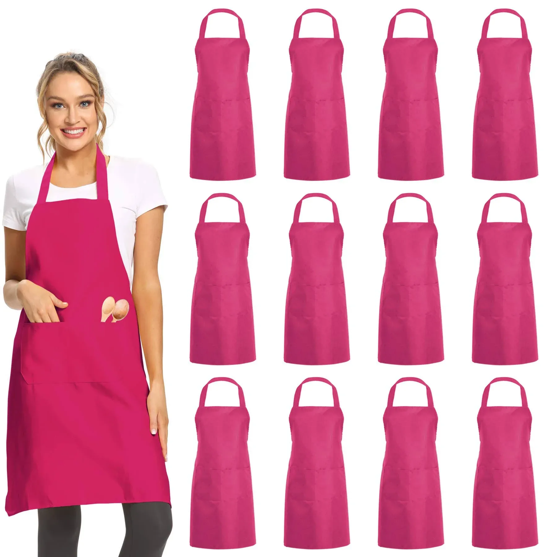 DUSKCOVE 12 Pack Plain Bib Aprons with 2 Pockets - Pink unisex Commercial Apron Bulk for Kitchen Cooking Restaurant BBQ Painting