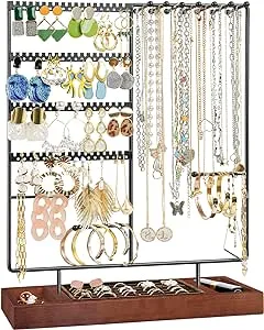 ProCase Jewelry Organizer Stand Earring Holder Organizer, 6 Tiers Earring Organizer Tree Necklace Rack Jewellery Tower Bracelets Holder Storage with Removable Wooden Ring Tray for Women Girls -Black