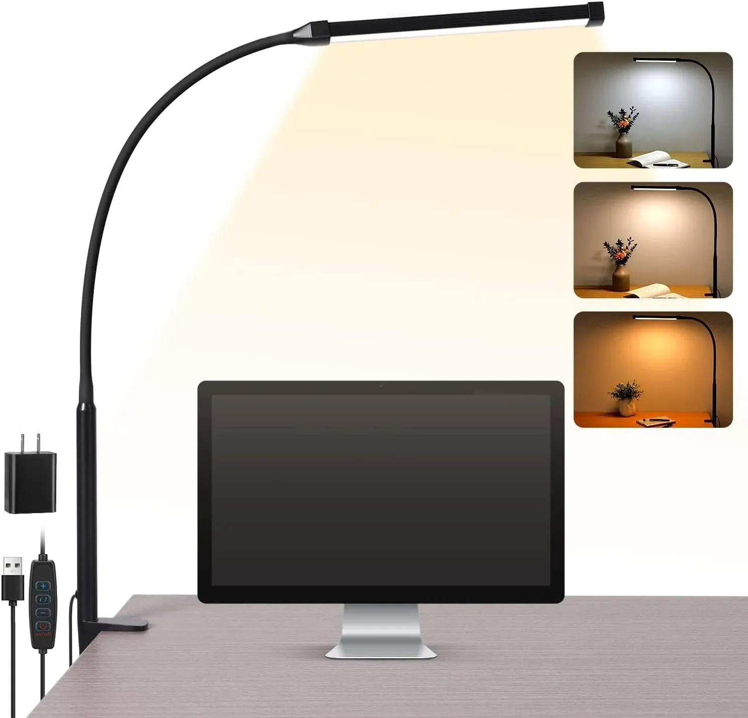 Voncerus LED Desk Lamp with Clamp, Eye-Caring Clip on Lights for Home Office, 3 ...