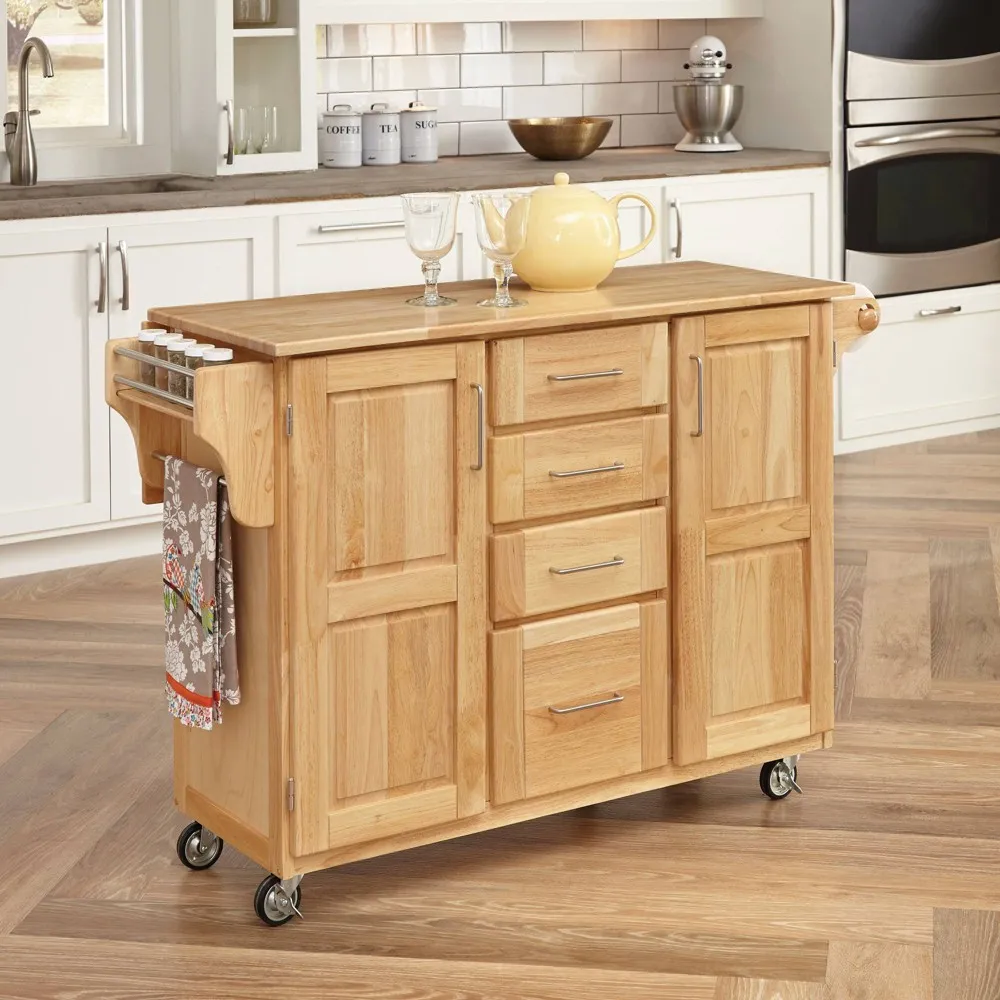 Natural Wood Kitchen Cart with Breakfast Bar