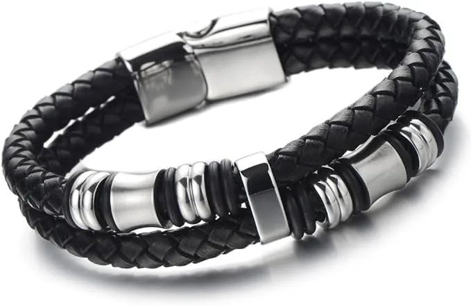 COOLSTEELANDBEYOND Mens Black Braided Leather Bracelet Double-Row Bangle Wristband with Stainless Steel OrnamentCOOLSTEELANDBEYOND Mens Black Braided Leather Bracelet Double-Row Bangle Wristband with Stainless Steel Ornament