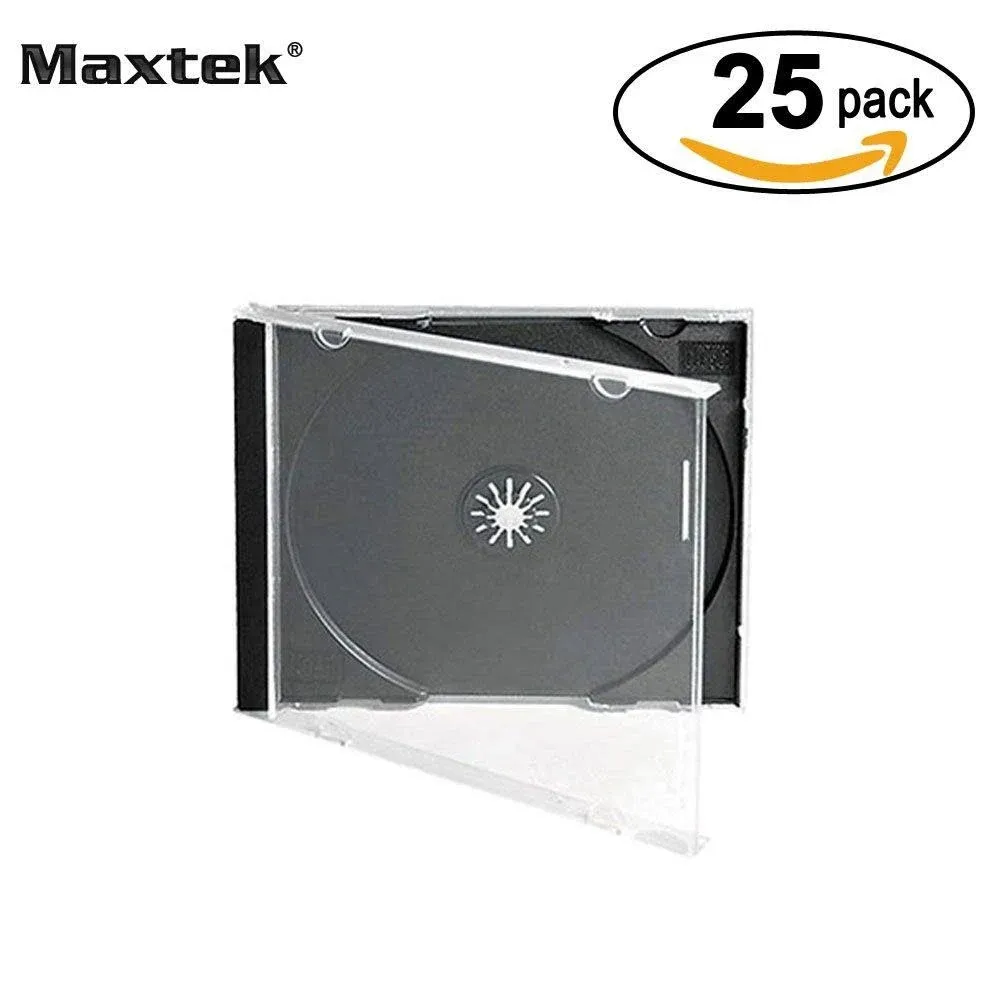 Maxtek 10.4 mm Standard Single Clear CD Jewel Case with Assembled Black Tray 25 Pack