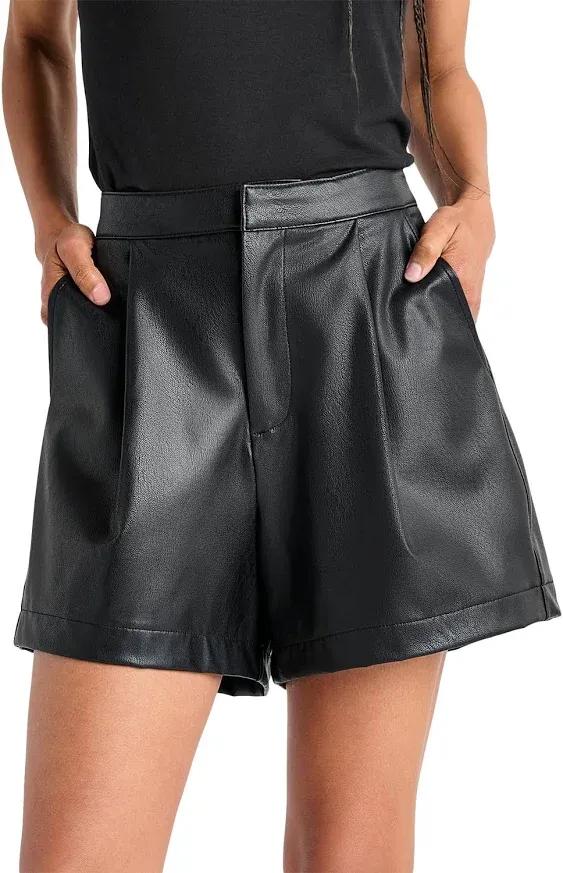 Faux leather black high waisted pleated shorts