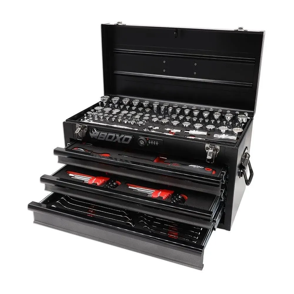 BOXO USA Heavy Duty 185pcs Metric &amp; SAE Tool Set with 3 Drawers Carry Box (Black