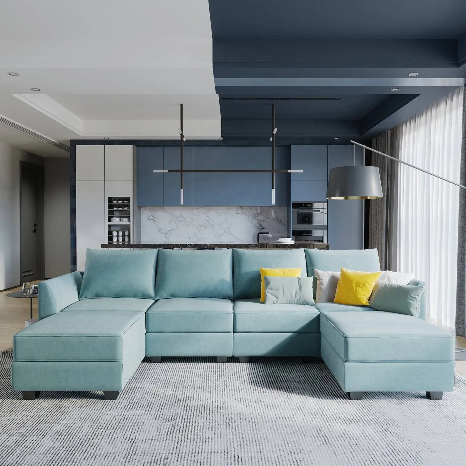 Honbay U-Shaped Modular Sofa with Storage & Reversible Chaises, Aqua Blue