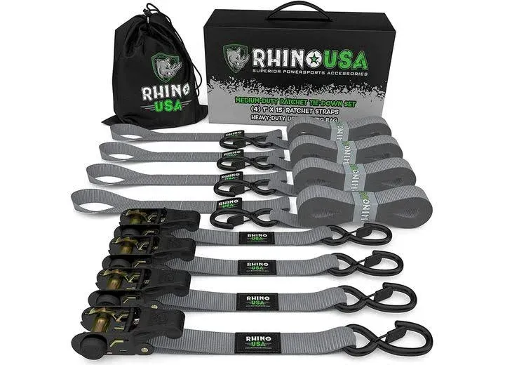 Rhino USA - Correas de amarre con trinquete con máxima resistencia antiroturas de 1.823 lbs, incluye 4 unidades de 1 in x 15 ft con agarraderas