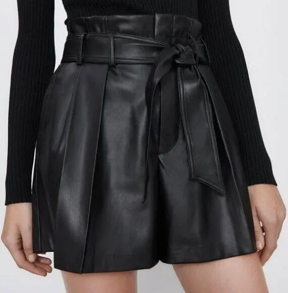 Zara Black Faux Leather Pleated Gathered High Waisted Belted Shorts 3"