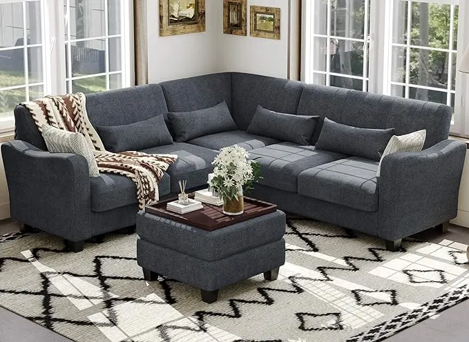 Belffin Small L Shaped Couch Convertible Sectional Sofa Couch L-Shaped Sofa with Storage Ottoman 4 Seat Sofas Light Grey