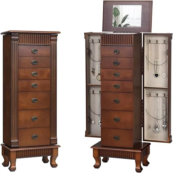 Wooden Jewelry Armoire Cabinet Storage Chest with Drawers and Swing Doors