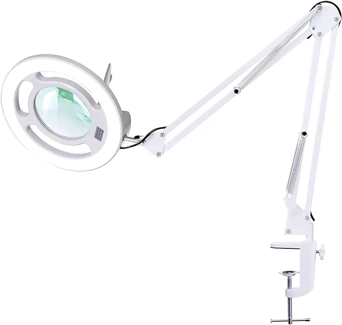 10X Magnifying Glass with Light, KIRKAS 2,200 Lumens LED Magnifying Lamp with Clamp, Stepless Dimmable Real Glass Lens Magnifier, Adjustable Arm Workbench Light for Close Work Hobby Repair - White