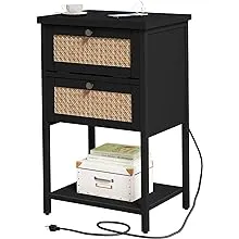 End Table with Charging Station, 2 Tier Rattan Decorated Nightstand with USB Ports and Outlets, Bedside Table with Drawer, Black Modern Sofa Side Table for Bedroom, Living Room, OfficeEnd Table with Charging Station, 2 Tier Rattan Decor…