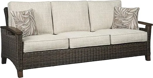 Signature Design by Ashley Paradise Trail Outdoor Patio Sofa with Cushion and 2 Pillows, Brown & Beige