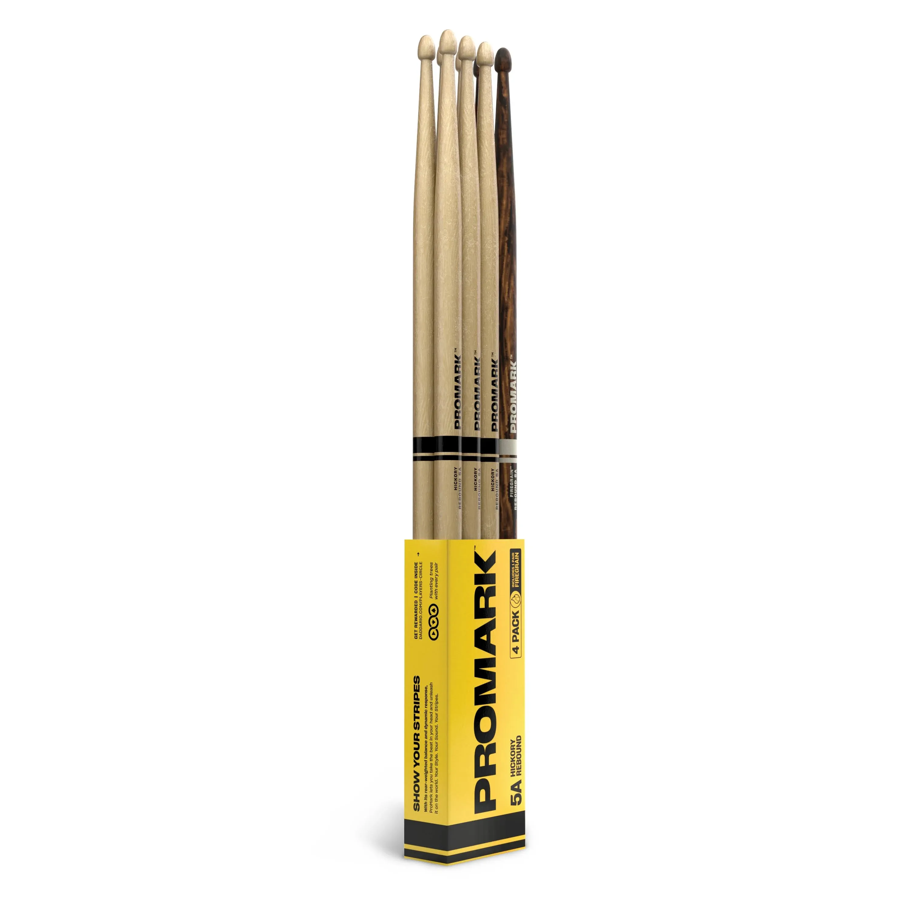 ProMark Rebound 5A Hickory Drum Stick, Acorn Wood Tip, FireGrain Bonus Four Pack