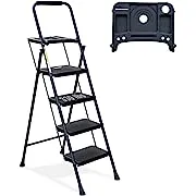 4 Step Ladder, HBTower Folding Step Stool with Tool Platform, Wide Anti-Slip Pedal, Sturdy Steel Ladder, Convenient Handgrip, Lightweight 330lbs Portable Steel Step Stool, Black