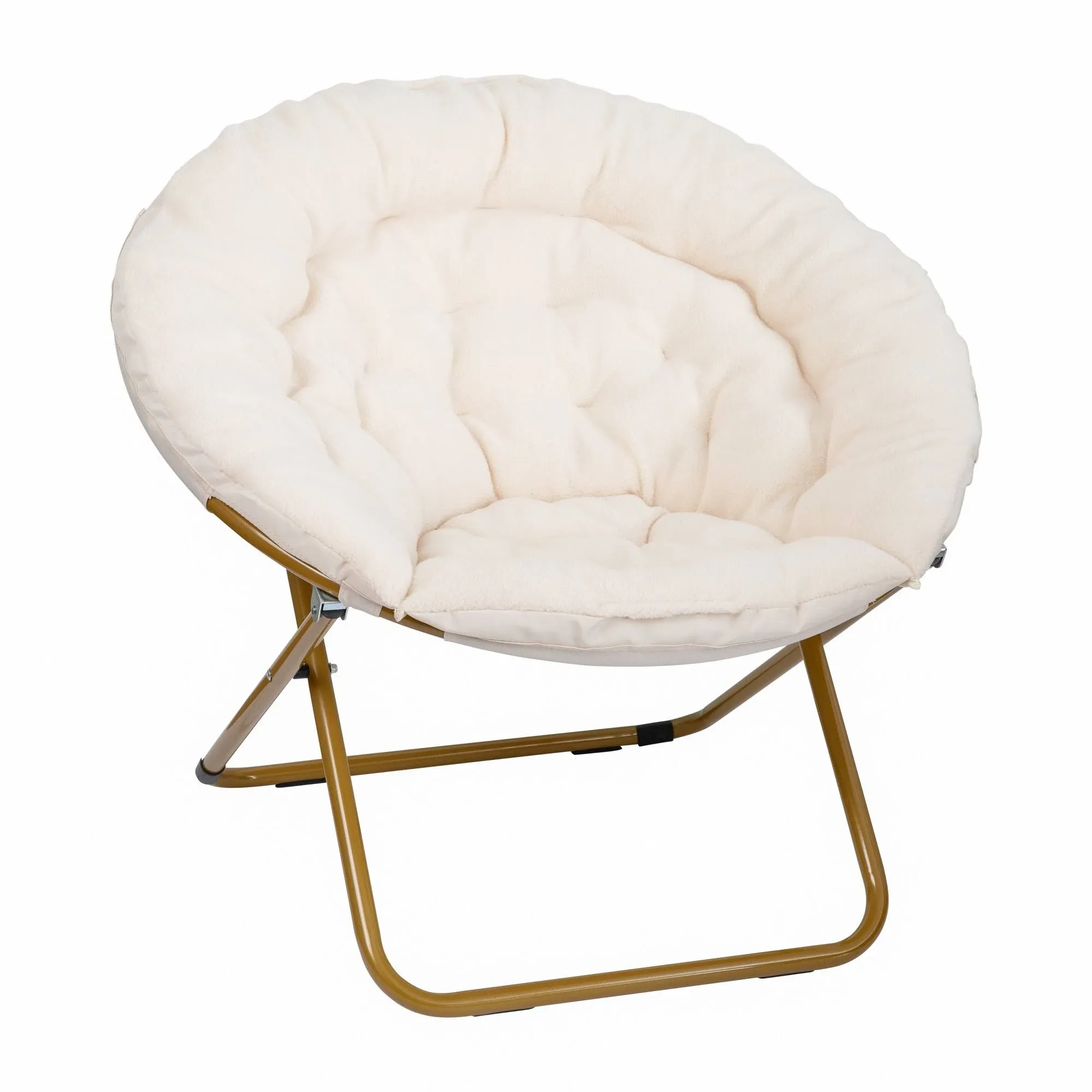 Flash Furniture 38 in. Gwen Oversize Portable Faux Fur Folding Saucer Moon Chair for Dorm & Bedroom Ivory Sherpa & Soft Gold Frame