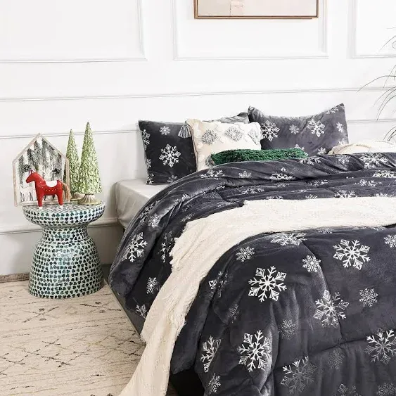 Metallic Snowflake Grey Velvet Comforter Set Christmas Comforter Set Gray Gold P